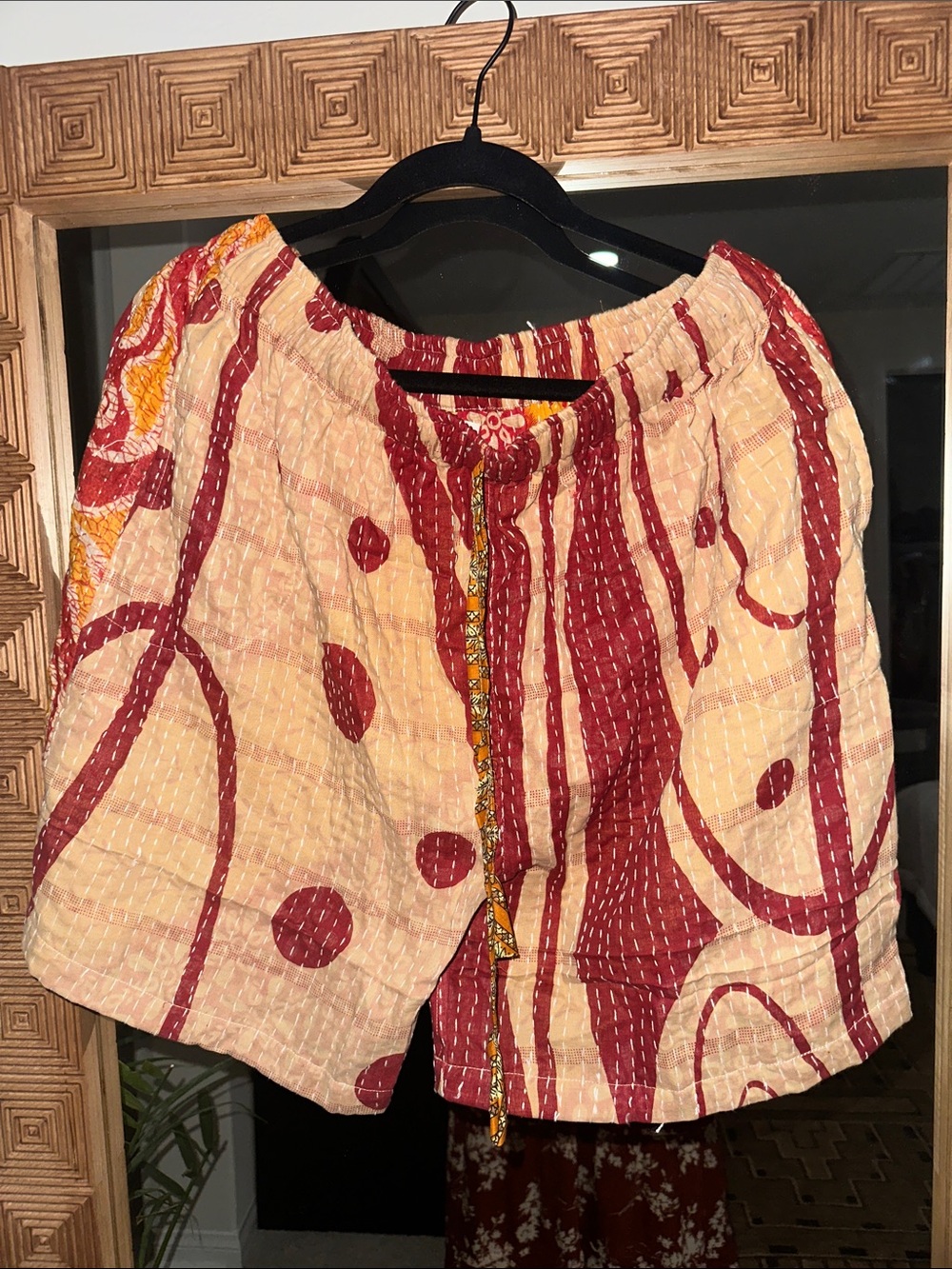 Kantha Indian Quilted Drawstring Shorts in Burgundy and Cream reversible